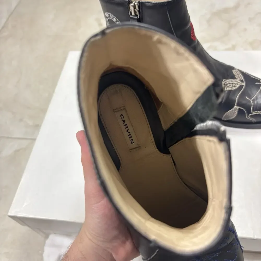 Carven Leather Boots Womens 6 Western Side Zip Embroidered Original Box Dust Bag